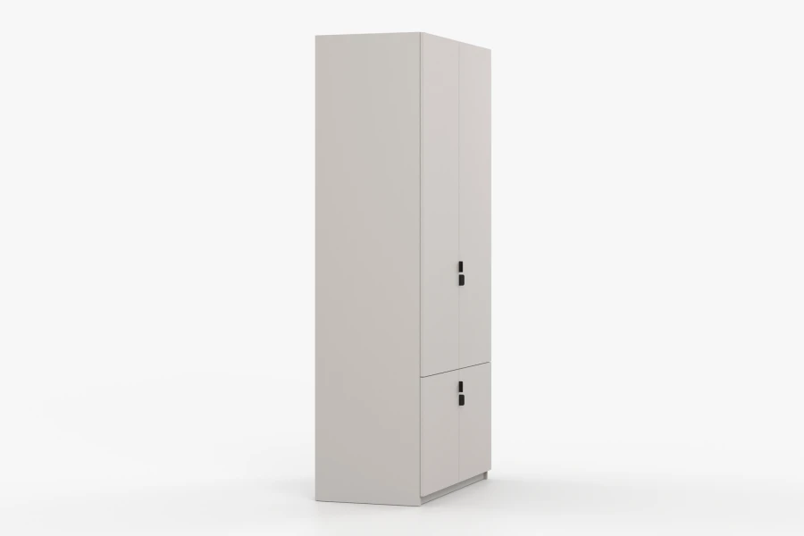 Moderner beiger Kleiderschrank mit vier Türen und schwarzen Griffen in minimalistischem Design.