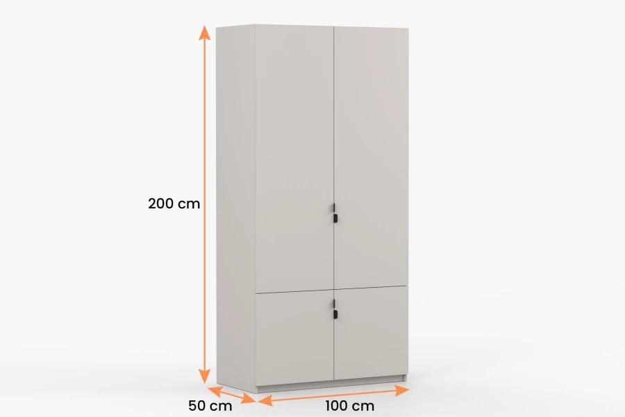 Maße des beigen Schranks: 200 cm Höhe, 100 cm Breite und 50 cm Tiefe für optimale Raumplanung.