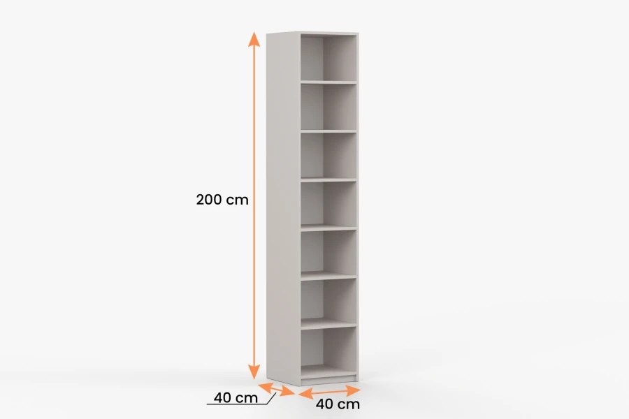 Maßangaben für hohes beiges Standregal: 200 cm Höhe, 40 cm Breite und Tiefe