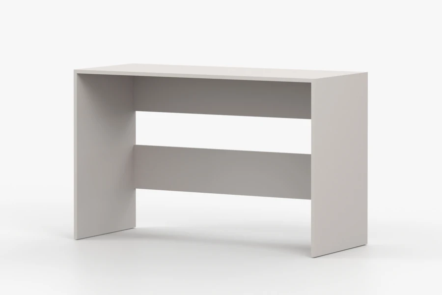 Moderner Arbeitstisch Mano in Hellgrau von schräg vorne links – minimalistischer Bürotisch.
