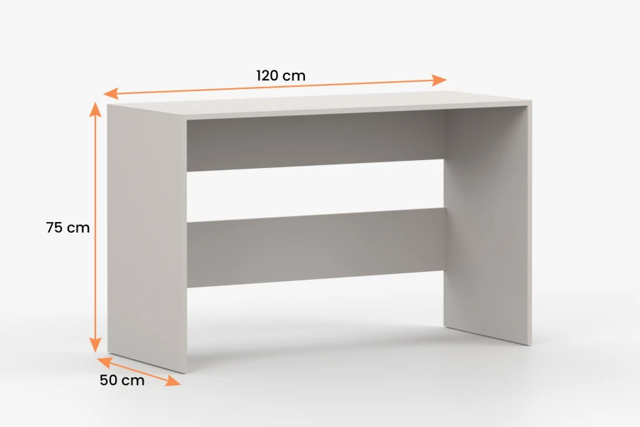 Moderner grauer Schreibtisch mit Maßen: 120 cm Breite, 50 cm Tiefe und 75 cm Höhe.