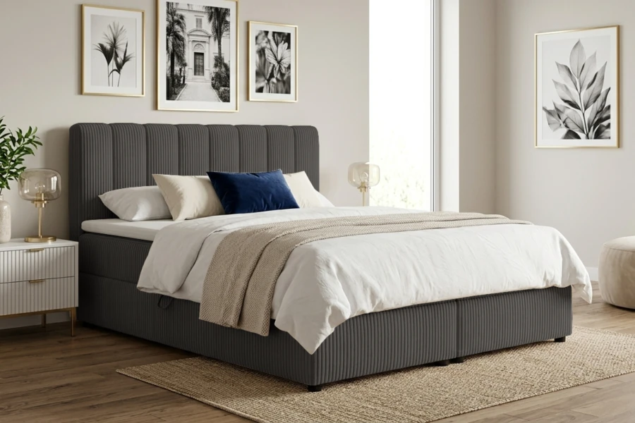 Elegantes graues Boxspringbett mit geriffeltem Kopfteil in einem hellen, modernen Schlafzimmer.