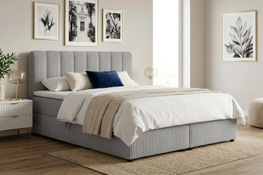 Graues Boxspringbett mit Cord-Bezug und gestepptem Kopfteil im modernen Schlafzimmer.