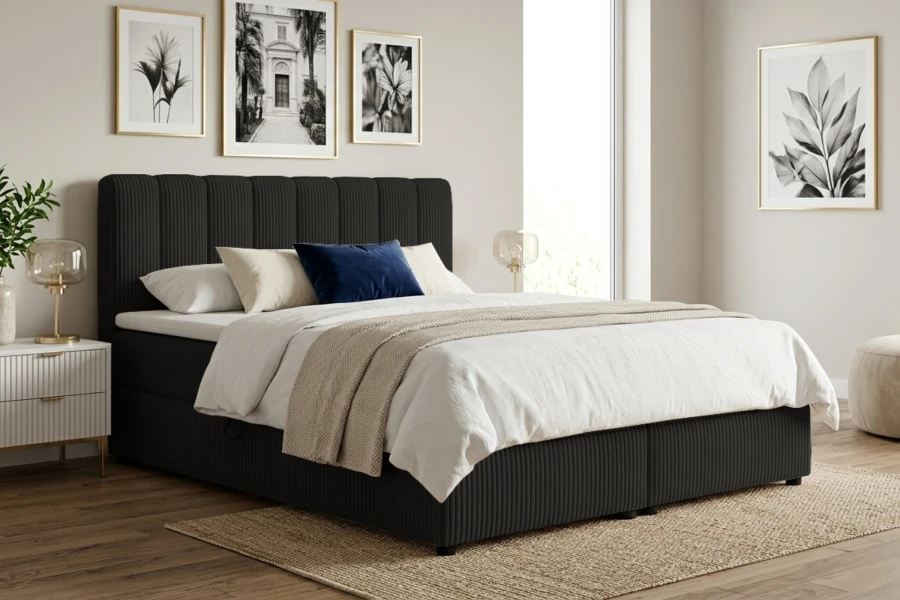 Schwarzes Boxspringbett mit Cord-Struktur in einem stilvollen Schlafzimmer.