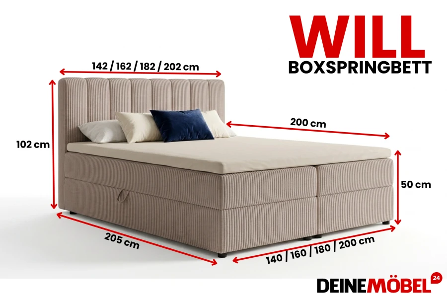 Abmessungen des Boxspringbetts Will: Verschiedene Breiten und 205 cm Tiefe.