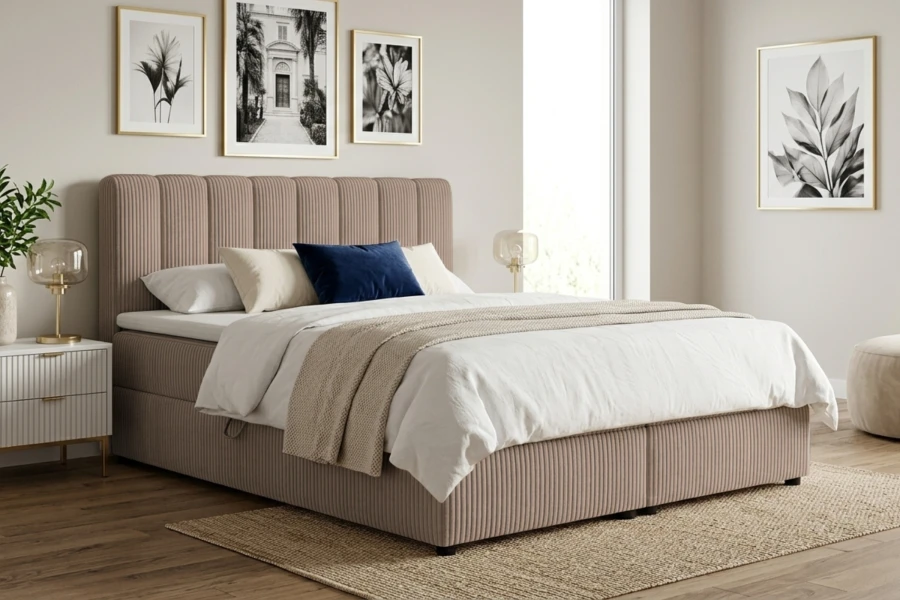 Modernes Schlafzimmer mit Boxspringbett Will in beiger Cord-Optik.