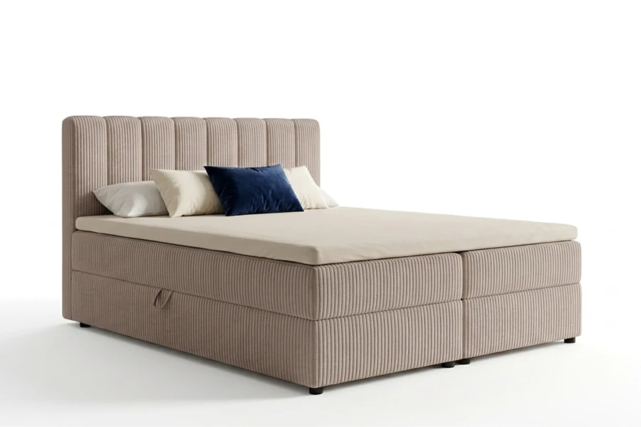 Beiges Boxspringbett Will mit strukturiertem Cord-Bezug und Bettkasten.