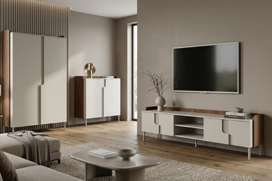 Modernes Wohnzimmermöbel-Set mit weißem TV-Lowboard und Schrank in Holzoptik.