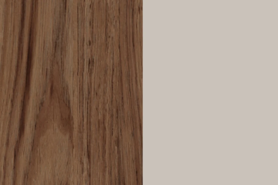 Farb- und Materialprobe: Dunkle Holzmaserung kombiniert mit hellem Beige.