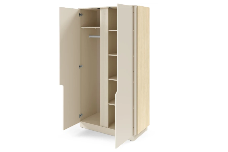 Geöffneter zweitüriger Kleiderschrank der Pauro Serie mit Kleiderstange und praktischen Regalfächern.