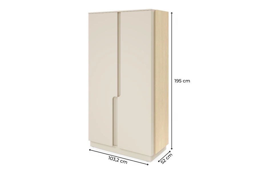 Zweitüriger Kleiderschrank Pauro PO1 in Beige und Eiche mit Maßen: 103,2 x 195 x 52 cm.