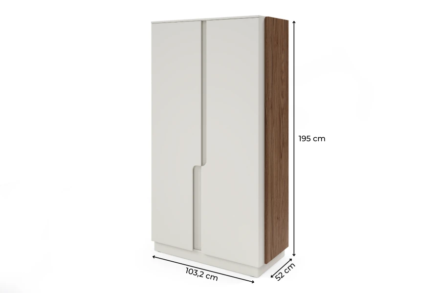 Abmessungen des Kleiderschranks: 195 cm hoch, 103,2 cm breit und 52 cm tief.