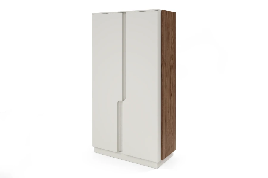 Zweitüriger Schlafzimmerschrank in Beige mit edlem Holz-Seitenteil in Walnuss-Optik.