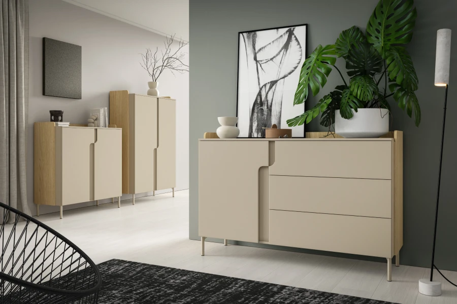 Pauro Kommode und Highboards im skandinavischen Stil mit eleganten Fronten in Macadamia Beige.