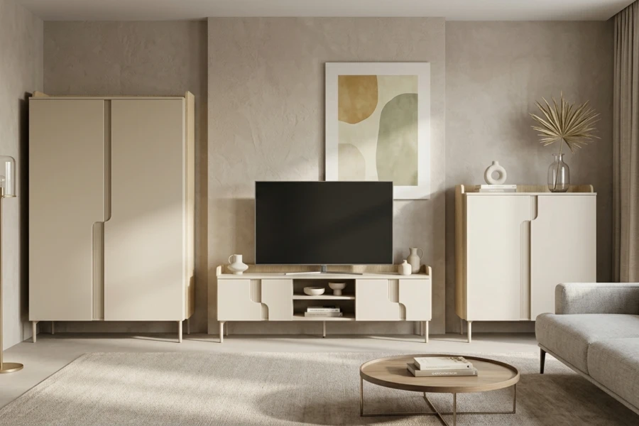 Modernes Wohnzimmer-Set Pauro in Beige mit TV-Lowboard, Kleiderschrank und Sideboard für helle Räume.