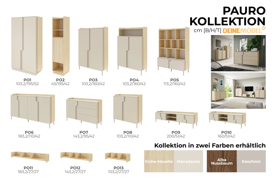 Produktübersicht Pauro Möbelkollektion: Schränke, Sideboards und Maße in Eiche Macadamia oder Nussbaum.