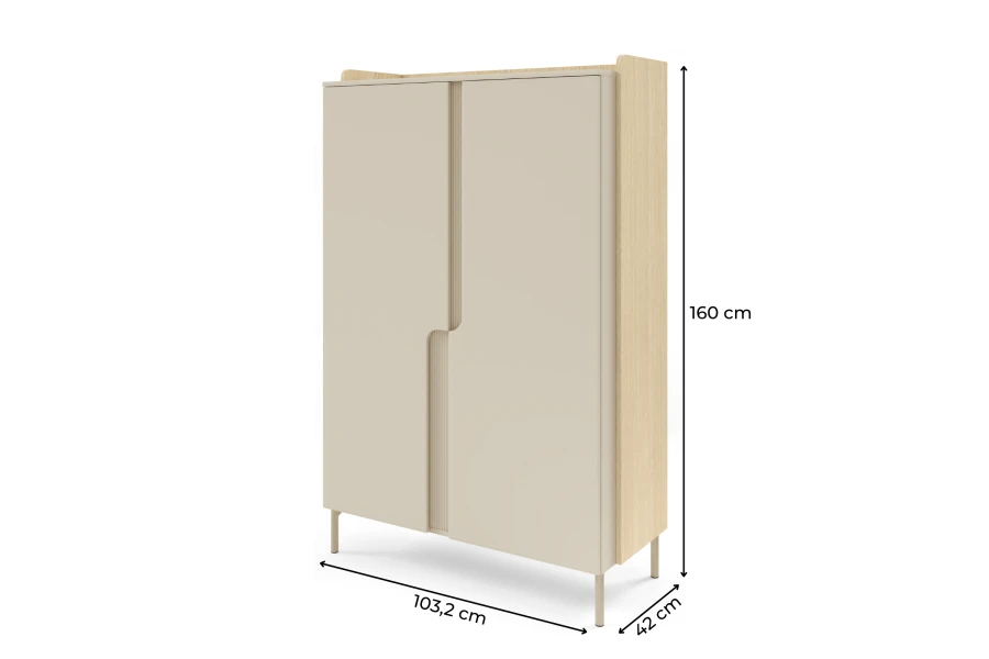 Bemaßter Schrank in Hellbeige und Eiche: 103,2 cm breit, 160 cm hoch, 42 cm tief.