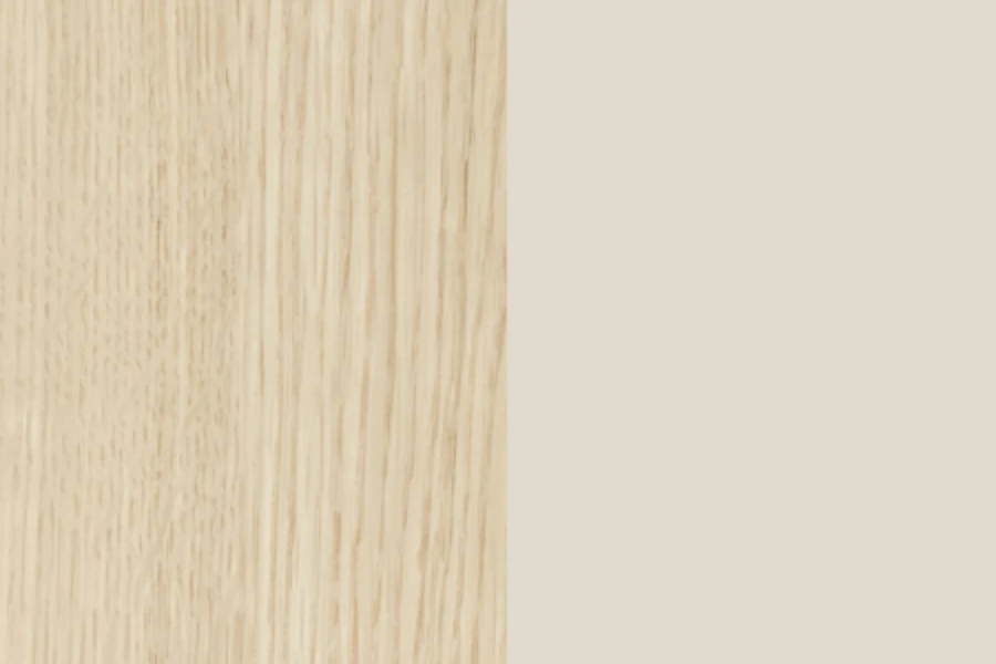 Farbmuster und Holztextur der PAURO Kollektion in Eiche Mavelie und Macadamia Beige.