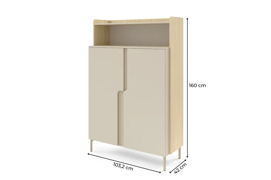 Abmessungen des Schranks: Höhe 160 cm, Breite 103,2 cm und Tiefe 42 cm.