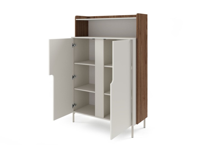 Offener moderner Schrank in Weiß und Holz mit praktischen Regalfächern.