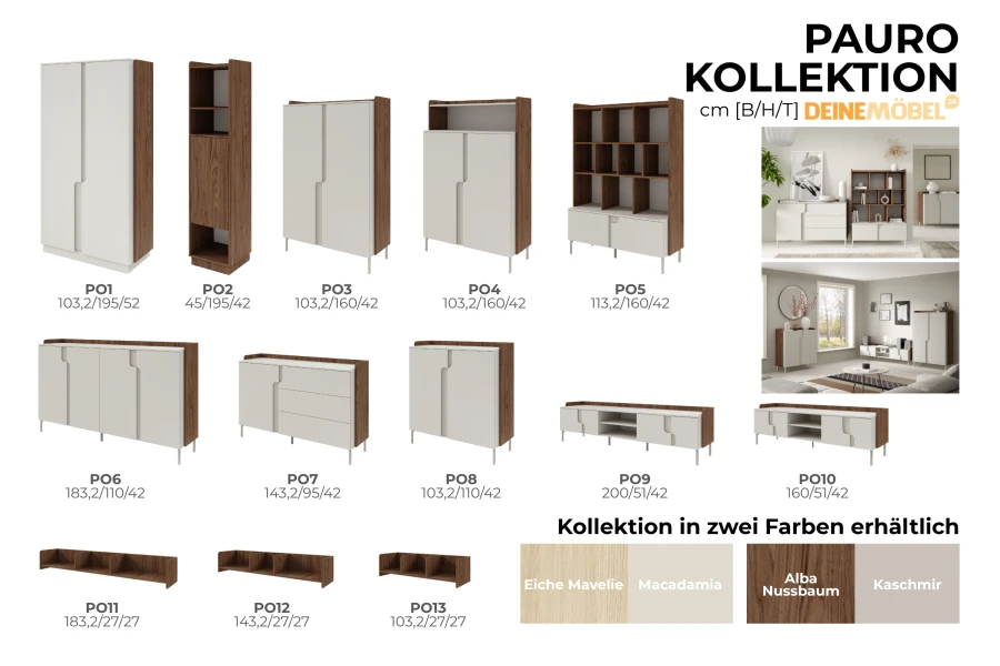 Übersicht der Pauro Möbelkollektion mit Maßen und verfügbaren Farben wie Eiche und Nussbaum.