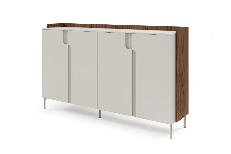 Modernes Sideboard in Weiß mit edlen Holzelementen und schmalen Metallfüßen für das Wohnzimmer.
