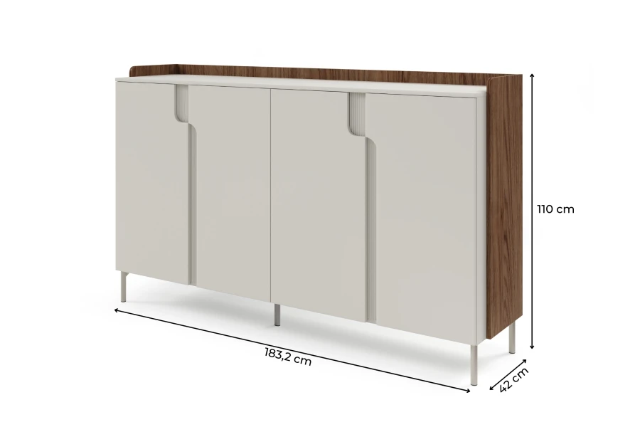 Produktmaße des Sideboards: 183,2 cm Breite, 110 cm Höhe und 42 cm Tiefe im Überblick.