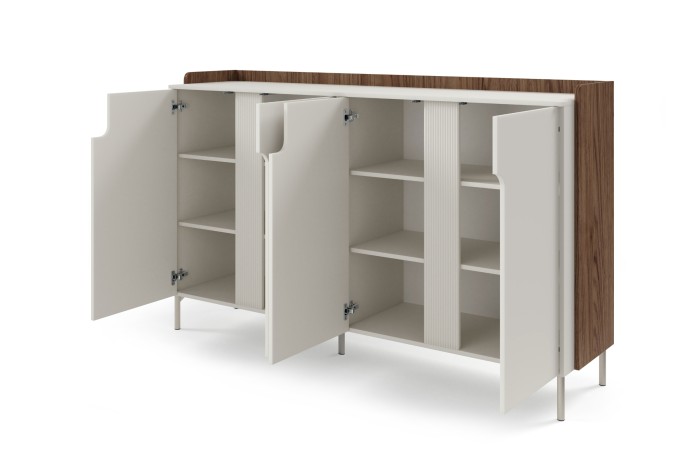 Geöffnetes Sideboard in Weiß und Walnuss zeigt geräumige Innenfächer und Ablageflächen.