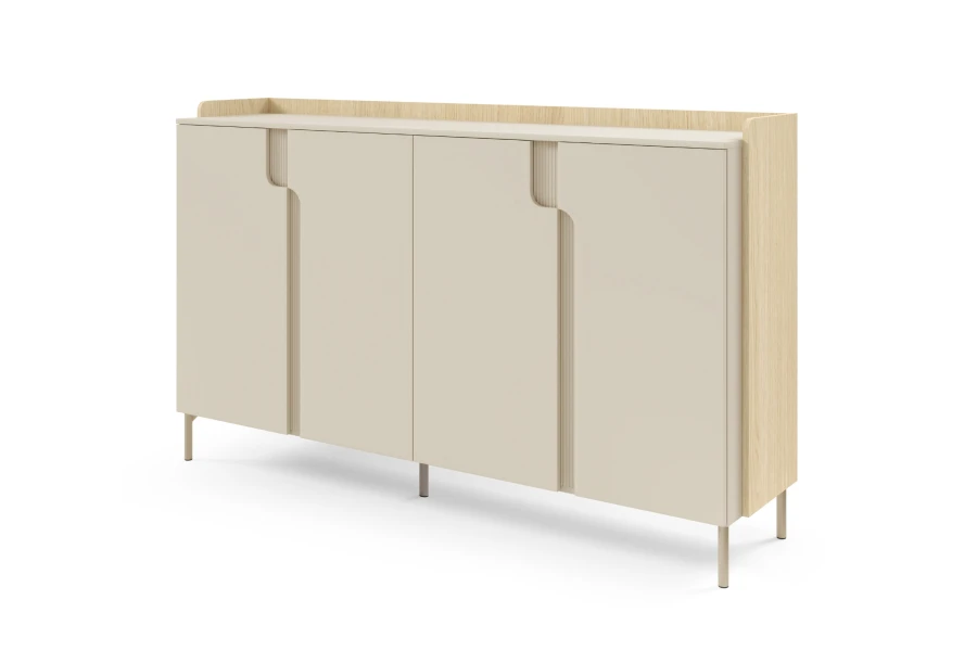 Modernes Sideboard in Beige mit hellen Holzakzenten und schlanken Beinen.
