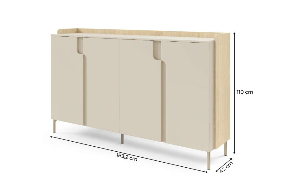 Maße des Sideboards: 183,2 cm Breite, 110 cm Höhe und 42 cm Tiefe.