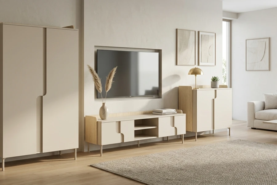 Stilvolles Wohnzimmer mit beigen Design-Möbeln, einem flachen Teppich und hellem Echtholzparkett.