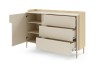 Detailansicht Sideboard PO7 offen mit drei Schubladen und Einlegeböden in Eiche-Macadamia-Optik.