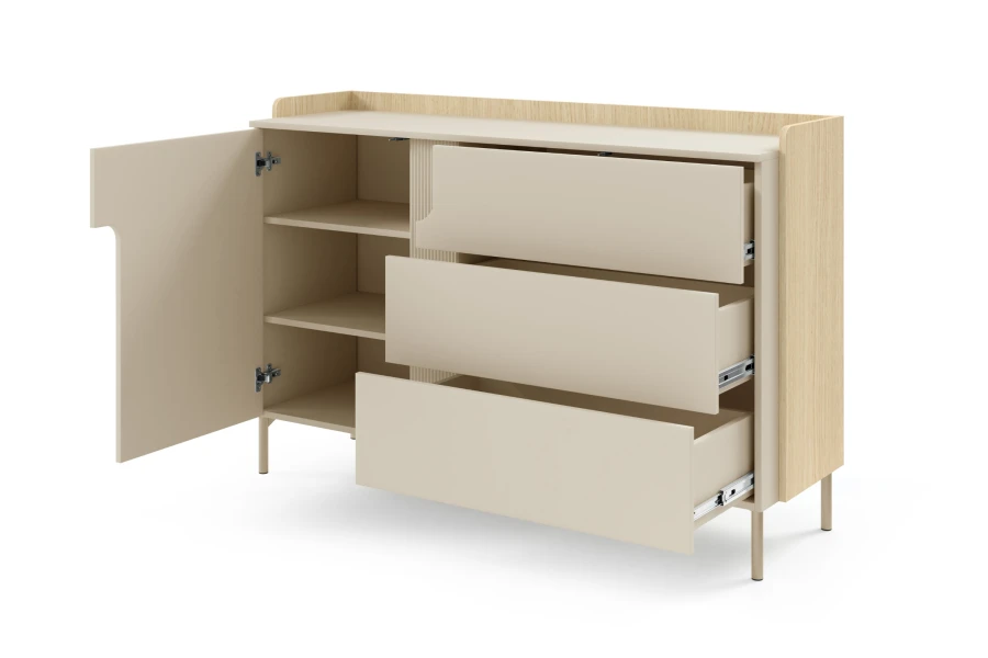 Detailansicht Sideboard PO7 offen mit drei Schubladen und Einlegeböden in Eiche-Macadamia-Optik.
