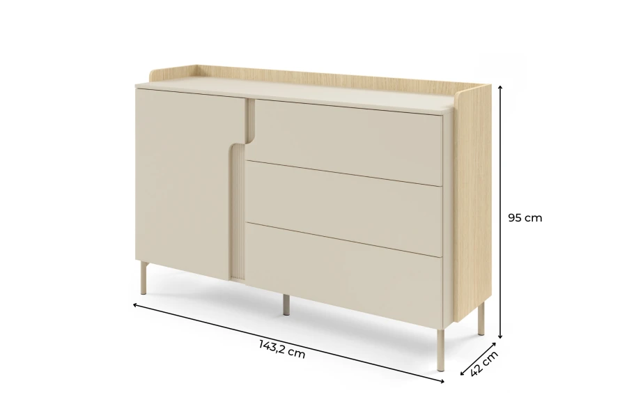 Abmessungen Sideboard PO7: 143,2 cm Breite, 95 cm Höhe und 42 cm Tiefe für die Raumplanung.
