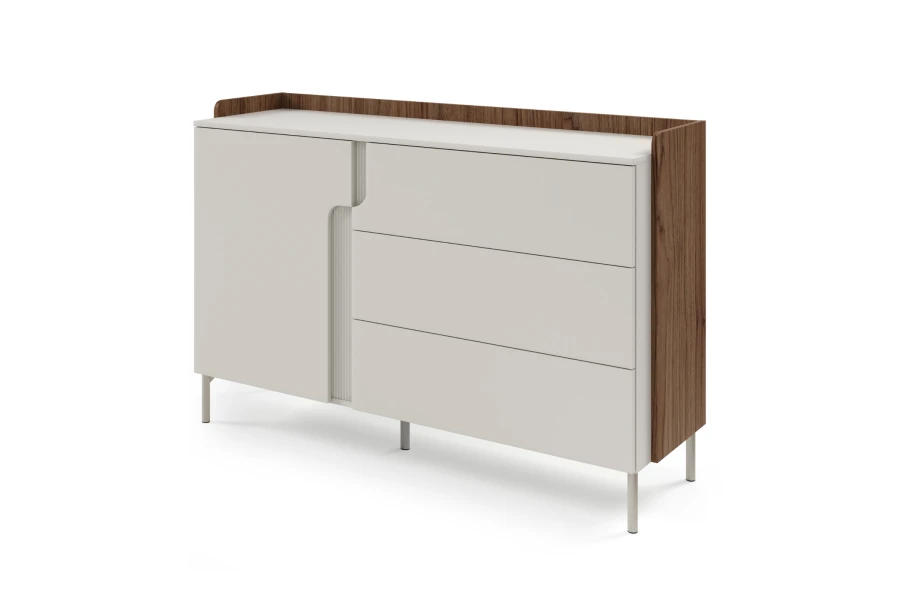 Modernes Sideboard in Beige und Walnuss-Optik mit drei Schubladen und einer Tür.