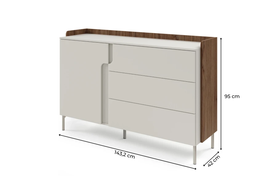 Abmessungen des Sideboards: 143,2 cm Breite, 95 cm Höhe und 42 cm Tiefe.