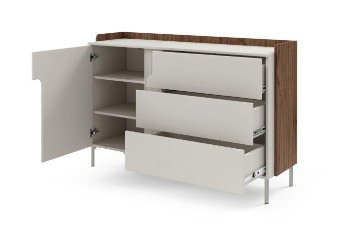 Geöffnetes Sideboard zeigt großzügigen Stauraum mit Einlegeböden und Metallauszügen.