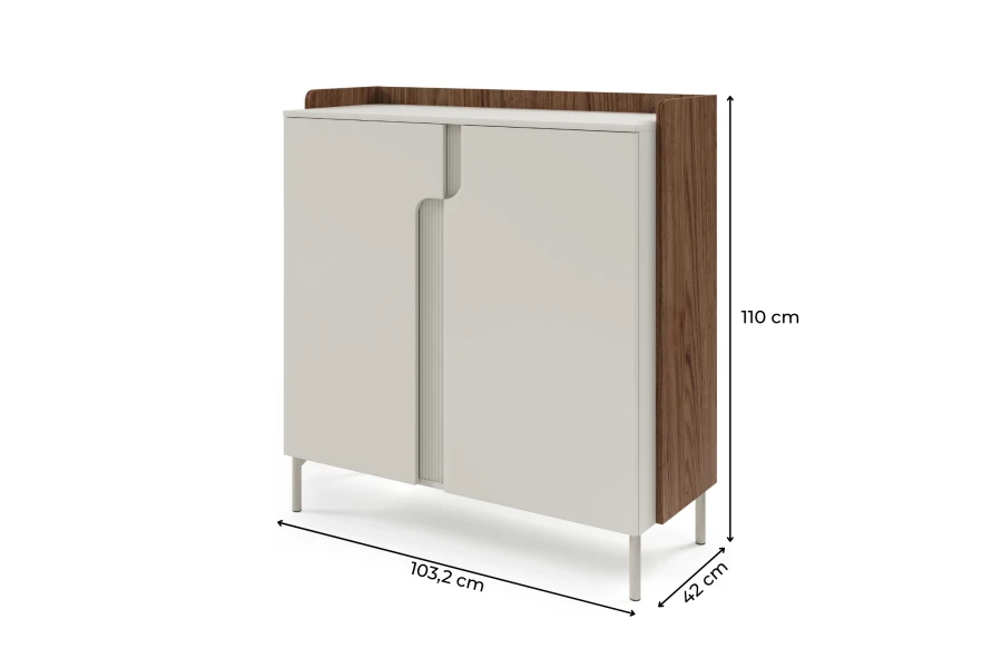 Elegante Kommode in Kaschmir und Nussbaum-Optik mit detaillierten Maßangaben.