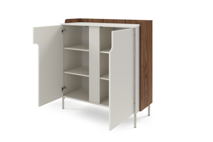Offenes Sideboard in Beige mit dunkler Holzoptik und drei Regalfächern.