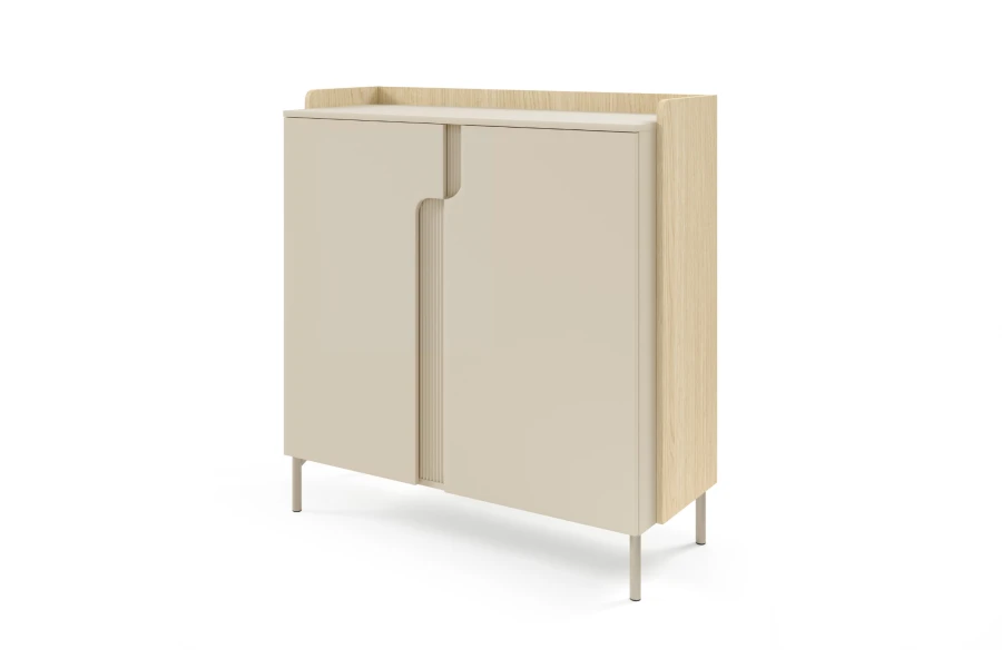 Elegante beige Kommode mit heller Eiche, modernes minimalistisches Design für Wohnzimmer.
