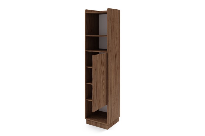 Dunkler schmaler Holzschrank mit geöffneter Tür und sichtbaren Innenfächern.