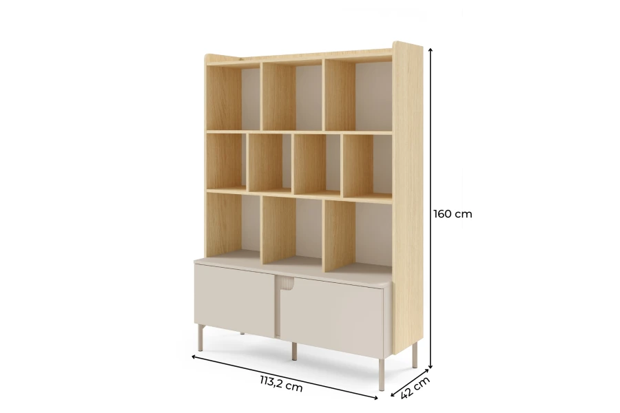 Abmessungen des hellen Eichen-Bücherregals: 160 cm Höhe, 113,2 cm Breite und 42 cm Tiefe.