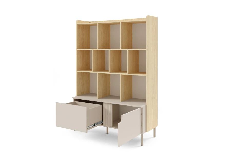 Helles Standregal in Eichenoptik mit Stauraum durch geöffnete Schublade und Tür in Beige.