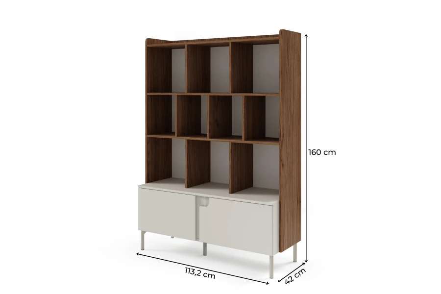 Modernes Bücherregal in Walnuss und Weiß mit Maßen 160x113x42 cm.