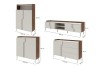 Detaillierte Abmessungen der Pauro Möbelserie: Sideboards und Lowboard in Alba Nussbaum Optik.