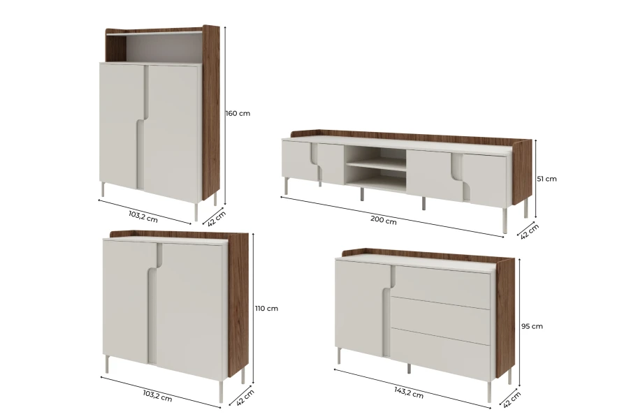 Detaillierte Abmessungen der Pauro Möbelserie: Sideboards und Lowboard in Alba Nussbaum Optik.