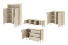 Moderne beige Wohnzimmermöbel mit offenen Türen und Schubladen für Stauraumansicht.