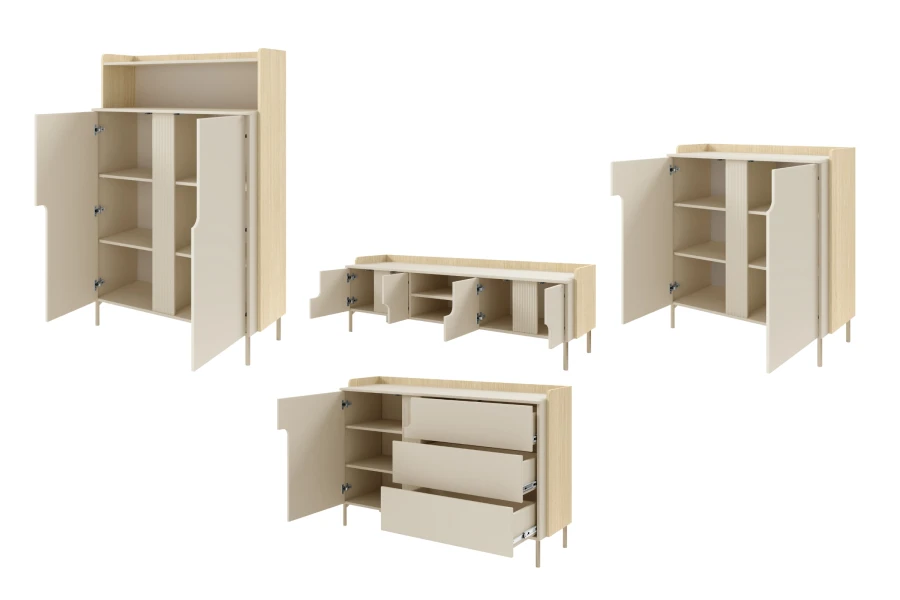 Moderne beige Wohnzimmermöbel mit offenen Türen und Schubladen für Stauraumansicht.