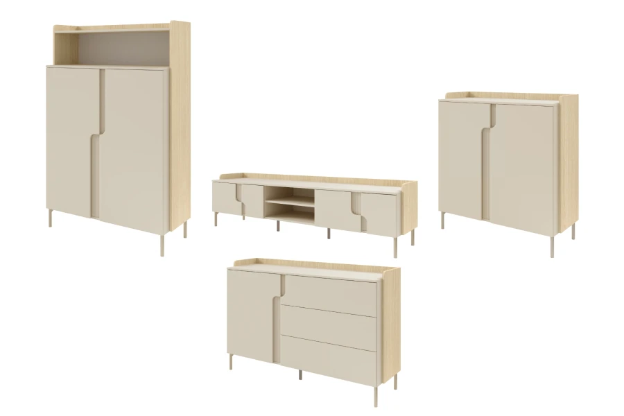 Vierteiliges Set moderner beiger Wohnmöbel: Highboard, Sideboard und TV-Bank.