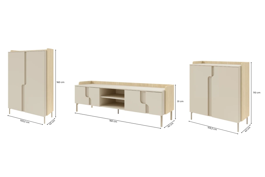 Möbelset in Eiche hell und Beige mit Maßen: Schrank, TV-Lowboard und Sideboard.